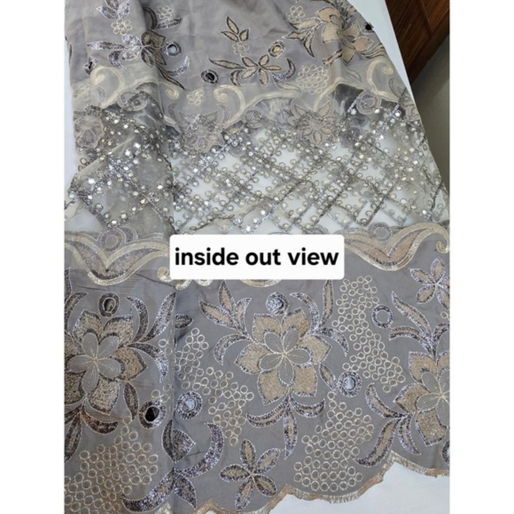 Silver Floral Sequin Embroidered Mesh Panel Maxi Skirt Elastic Waist Scalloped - Picture 5 of 5